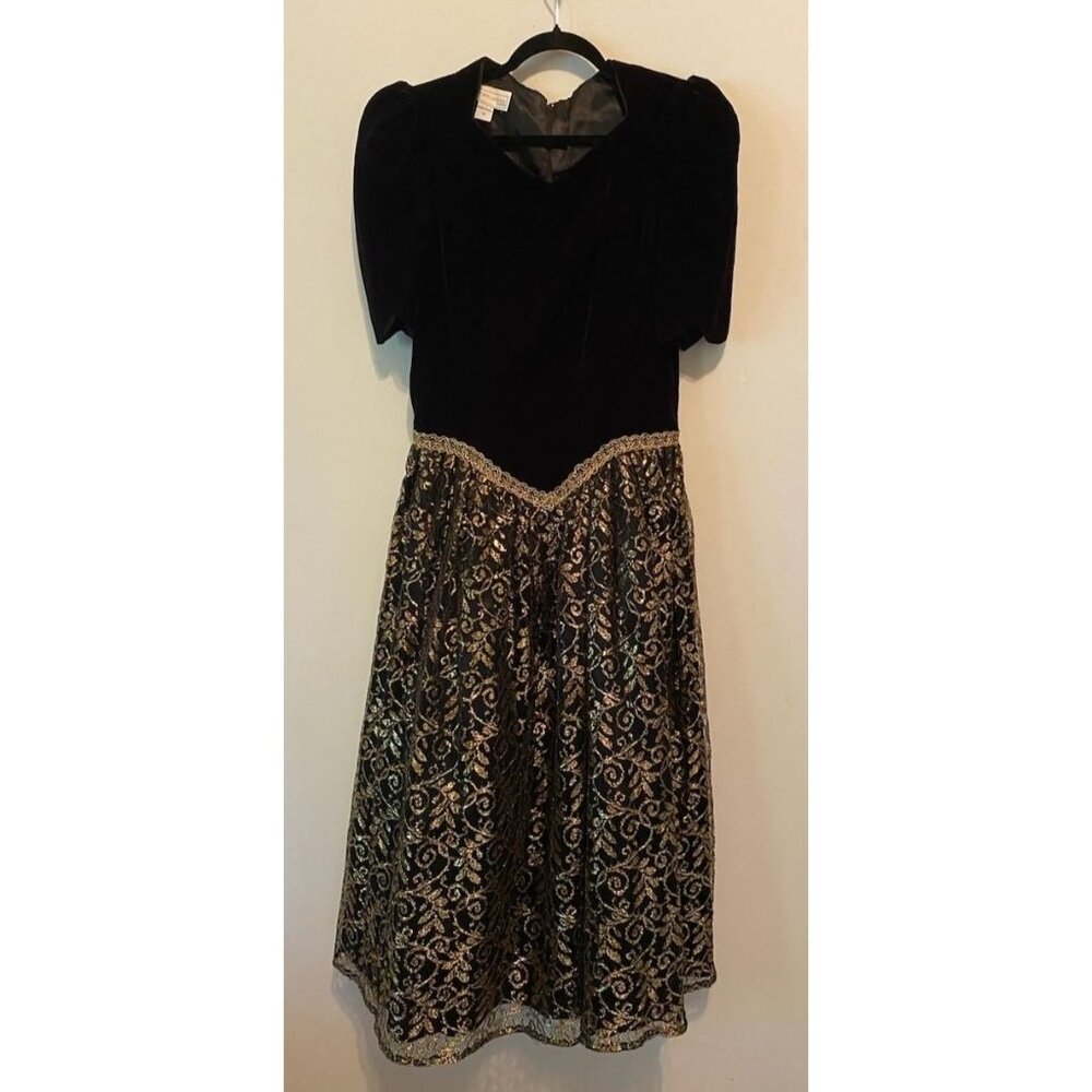 Vintage Scott McClintock Dress Black Velvet Bodice Gold Lace Glitter Skirt 12